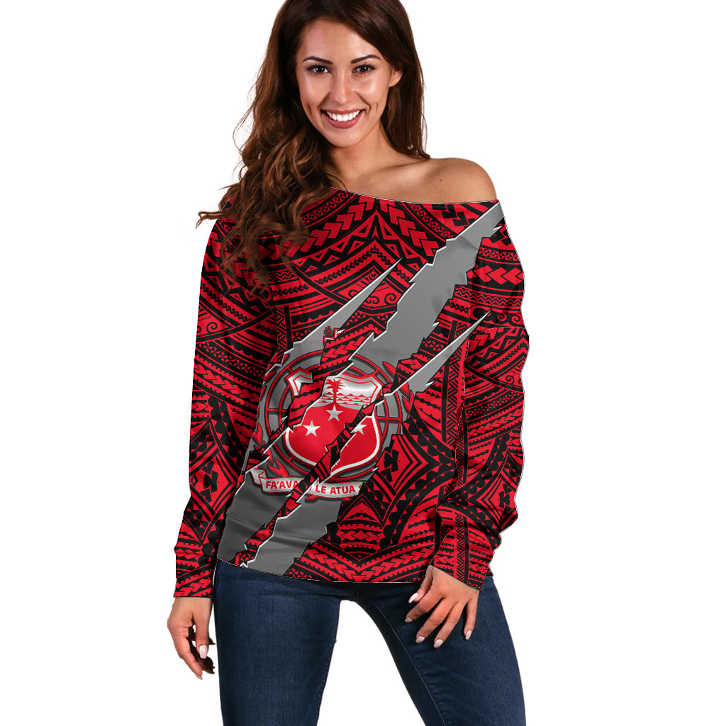 Polynesian Samoa Off Shoulder Sweater with Coat Of Arms Claws Style - Red LT6 Women Red - Polynesian Pride