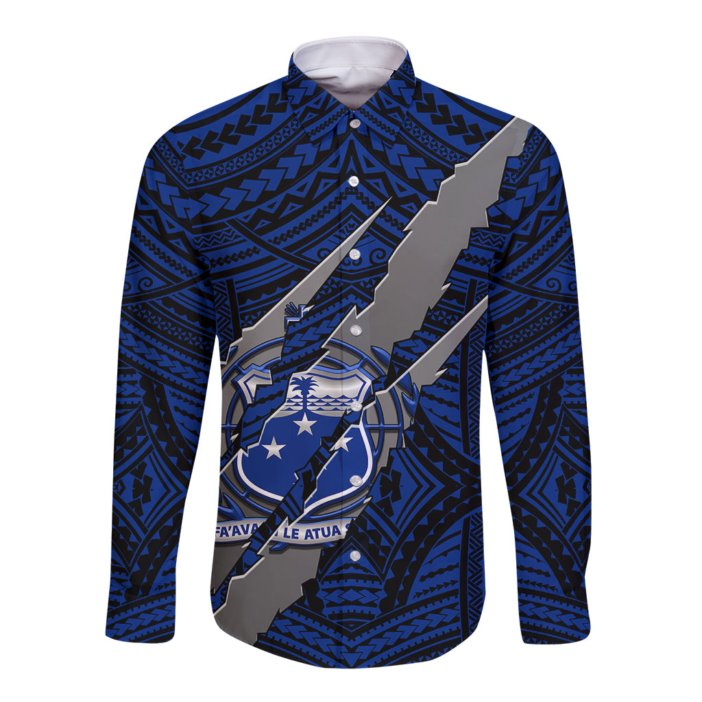 Polynesian Samoa Long Sleeve Button Shirt with Coat Of Arms Claws Style - Blue LT6 Unisex Blue - Polynesian Pride