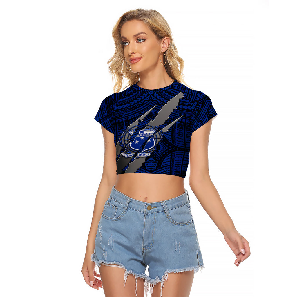 Polynesian Samoa Raglan Cropped T Shirt with Coat Of Arms Claws Style - Blue LT6 Female Blue - Polynesian Pride