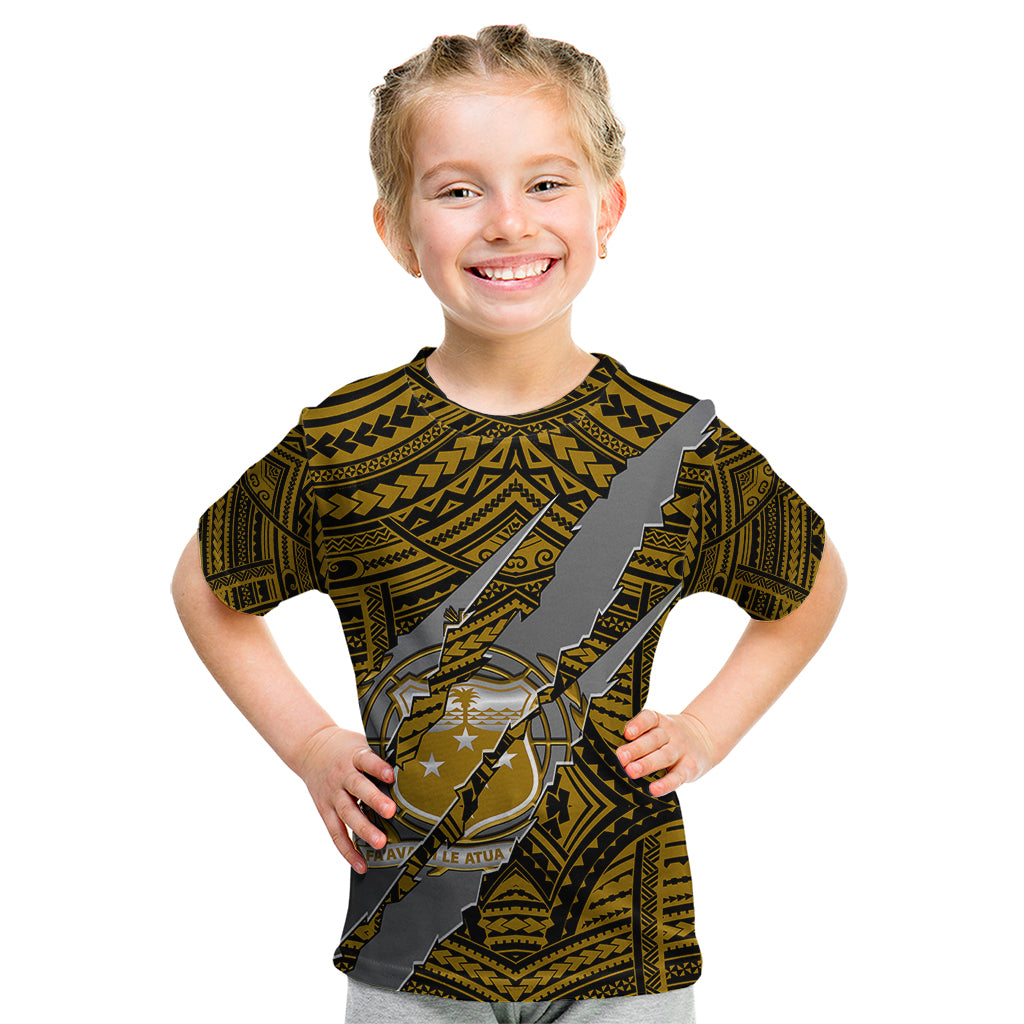 Polynesian Samoa Kid T Shirt with Coat Of Arms Claws Style - Gold LT6 Gold - Polynesian Pride