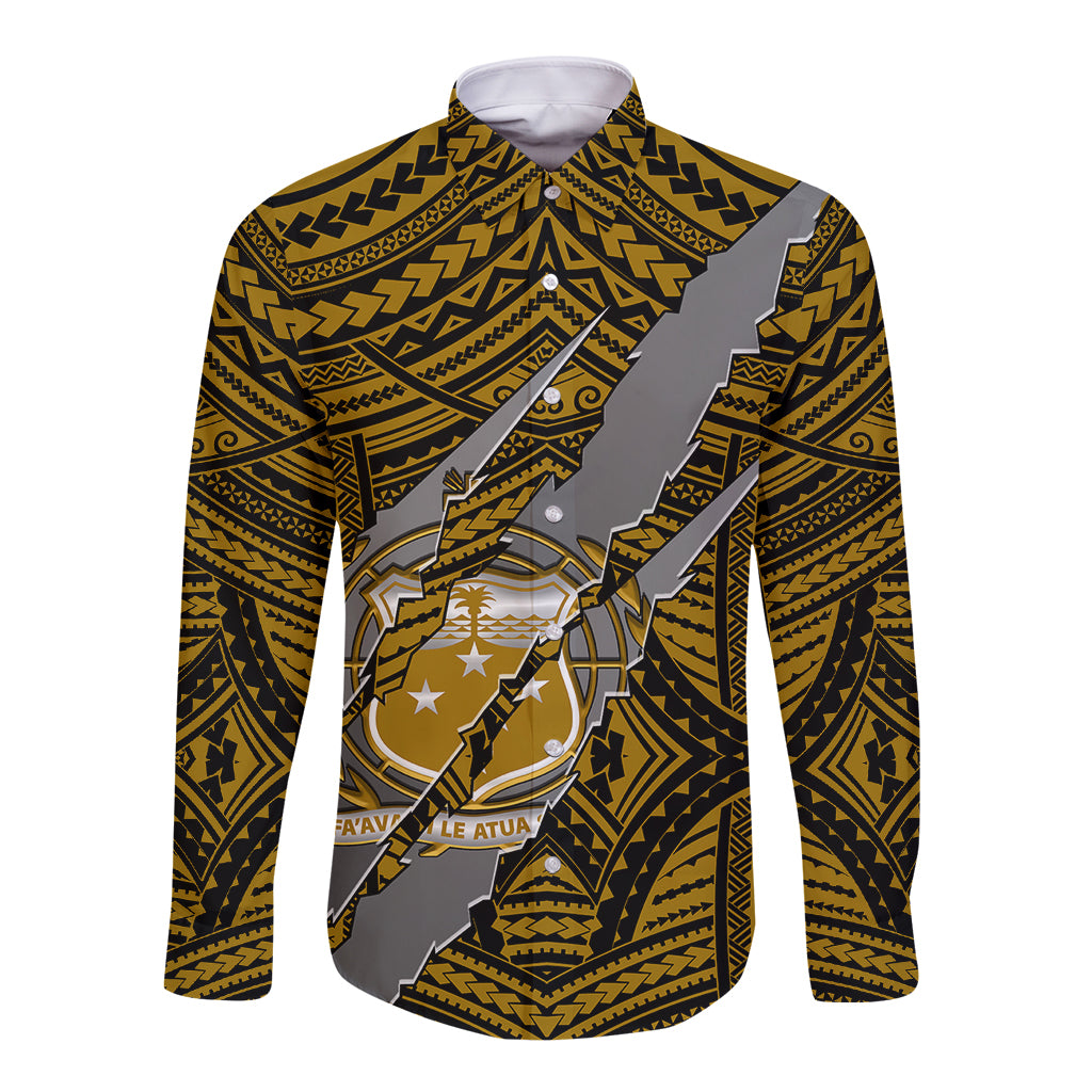 Polynesian Samoa Long Sleeve Button Shirt with Coat Of Arms Claws Style - Gold LT6 Unisex Gold - Polynesian Pride