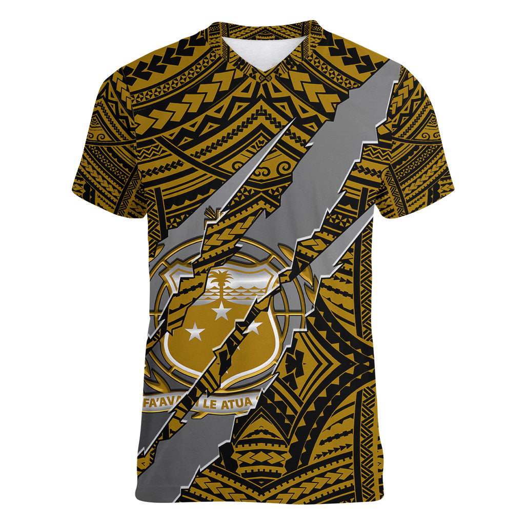 Polynesian Samoa Women V Neck T Shirt with Coat Of Arms Claws Style - Gold LT6 Female Gold - Polynesian Pride