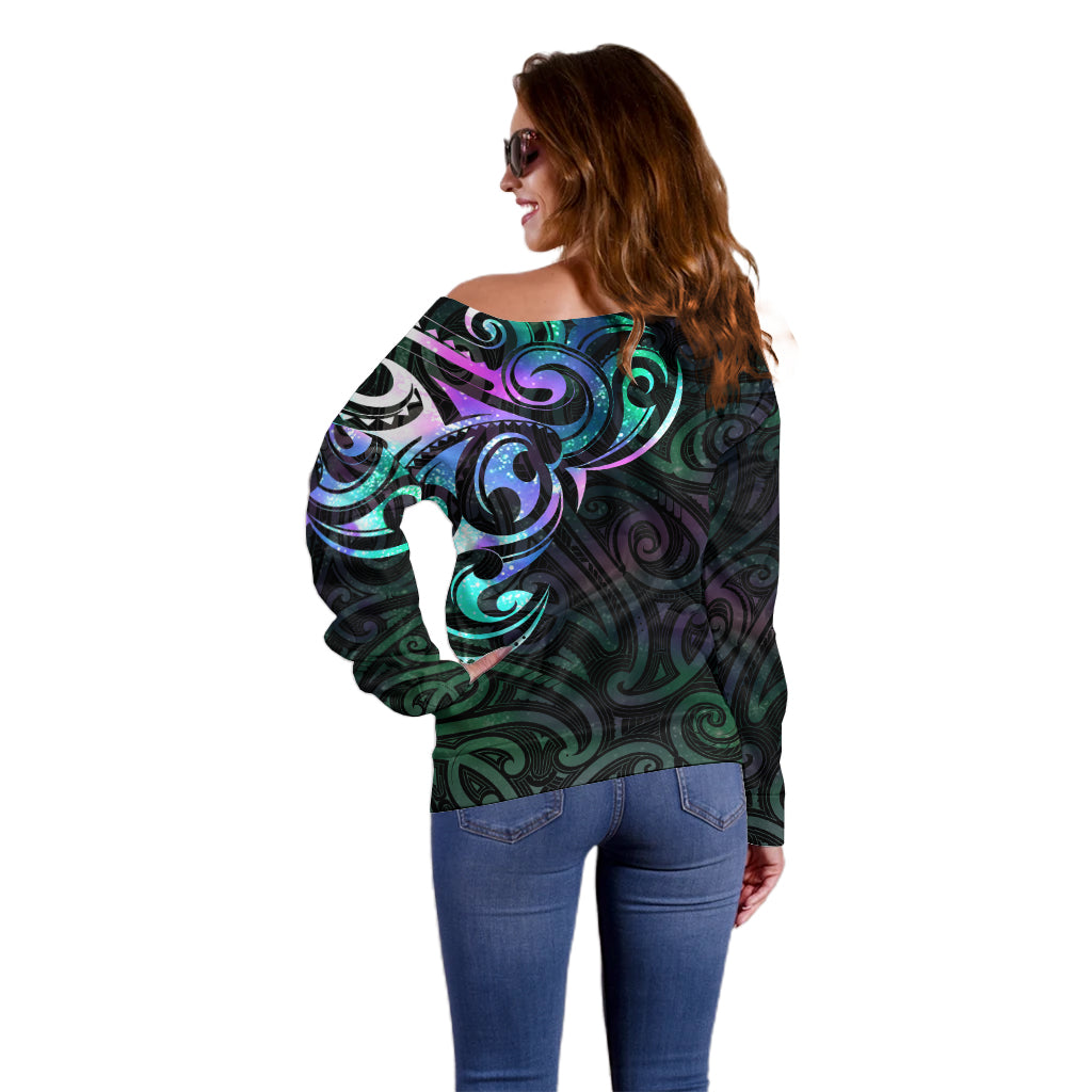 Matariki New Zealand Off Shoulder Sweater Maori New Year Galaxy Sky Green LT6 - Polynesian Pride