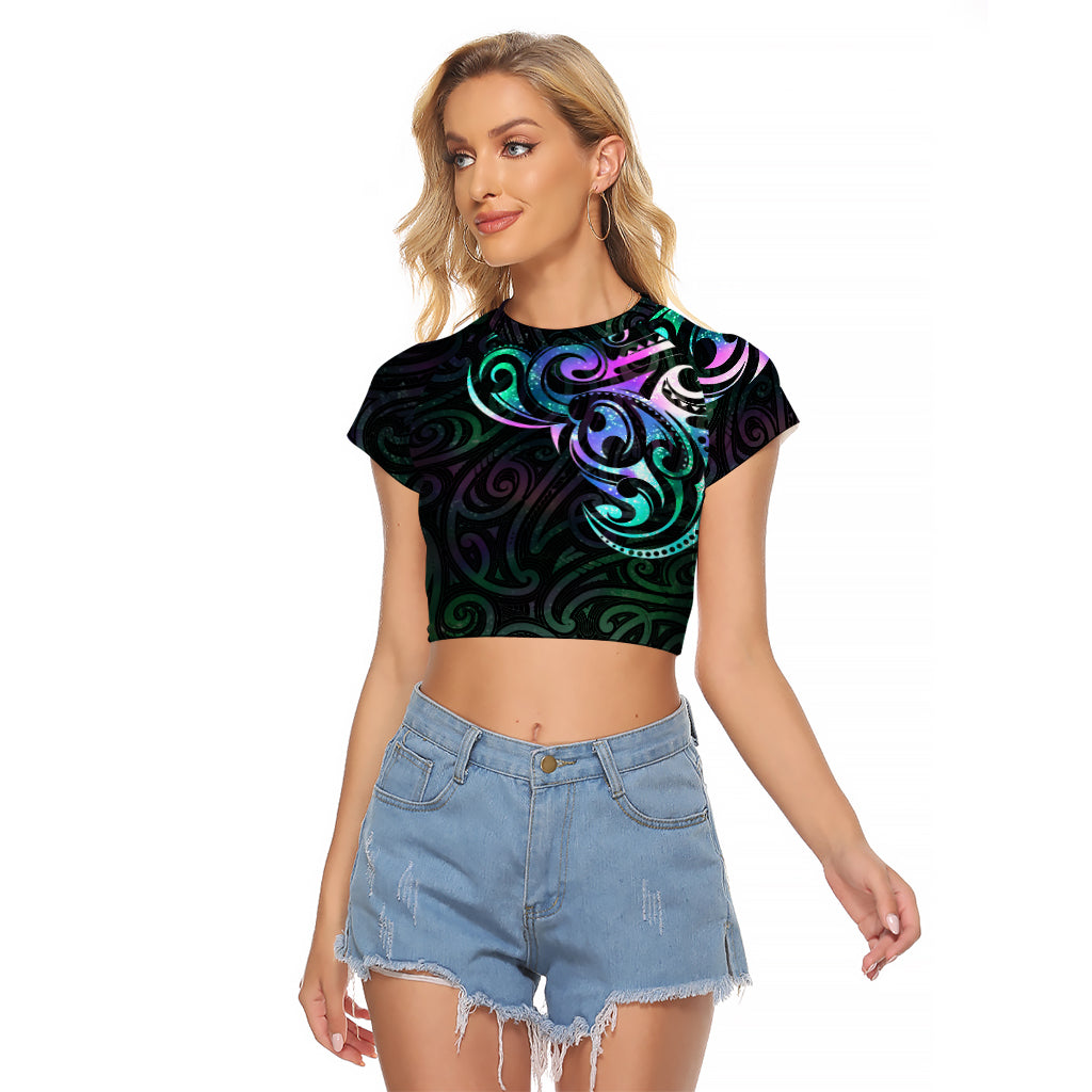 Matariki New Zealand Raglan Cropped T Shirt Maori New Year Galaxy Sky Green LT6 Female Green - Polynesian Pride