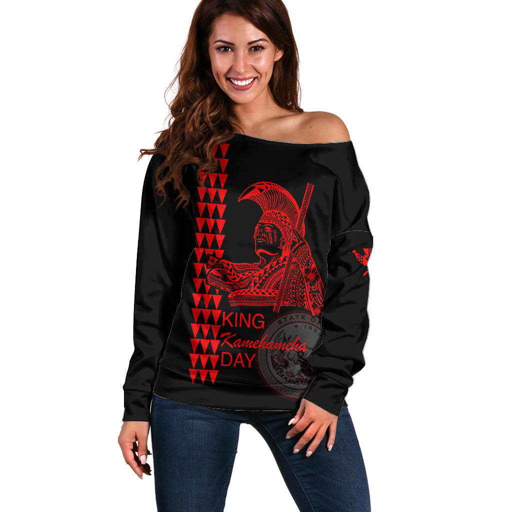 Custom Hawaii Off Shoulder Sweater King Kamehameha Day - Red LT6 Women Red - Polynesian Pride