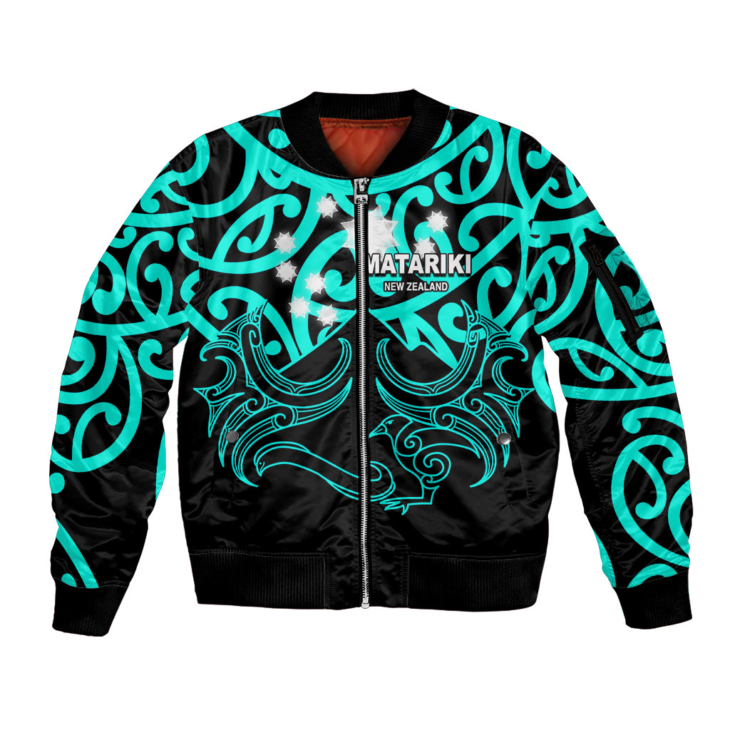 Matariki New Zealand Sleeve Zip Bomber Jacket Maori New Year Turquoise LT6 Unisex Green - Polynesian Pride