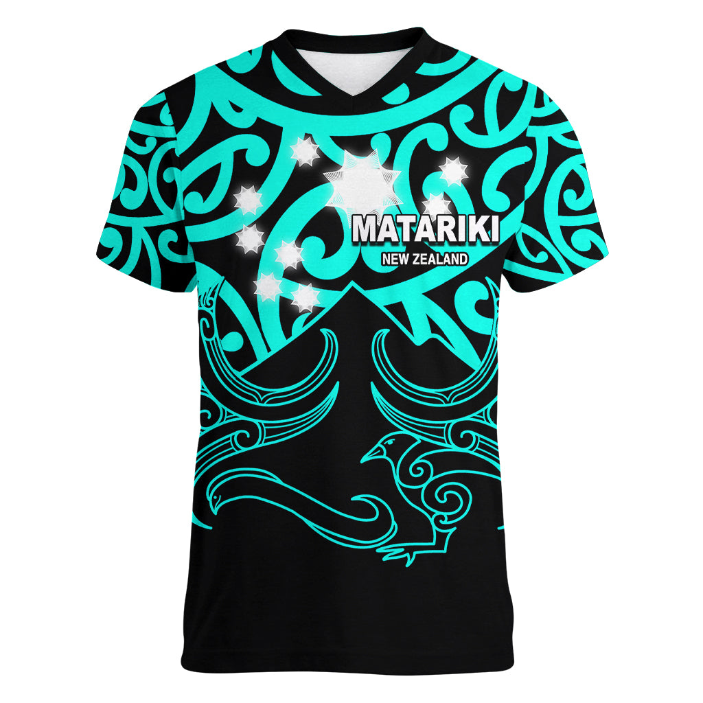 Matariki New Zealand Women V Neck T Shirt Maori New Year Turquoise LT6 Female Green - Polynesian Pride