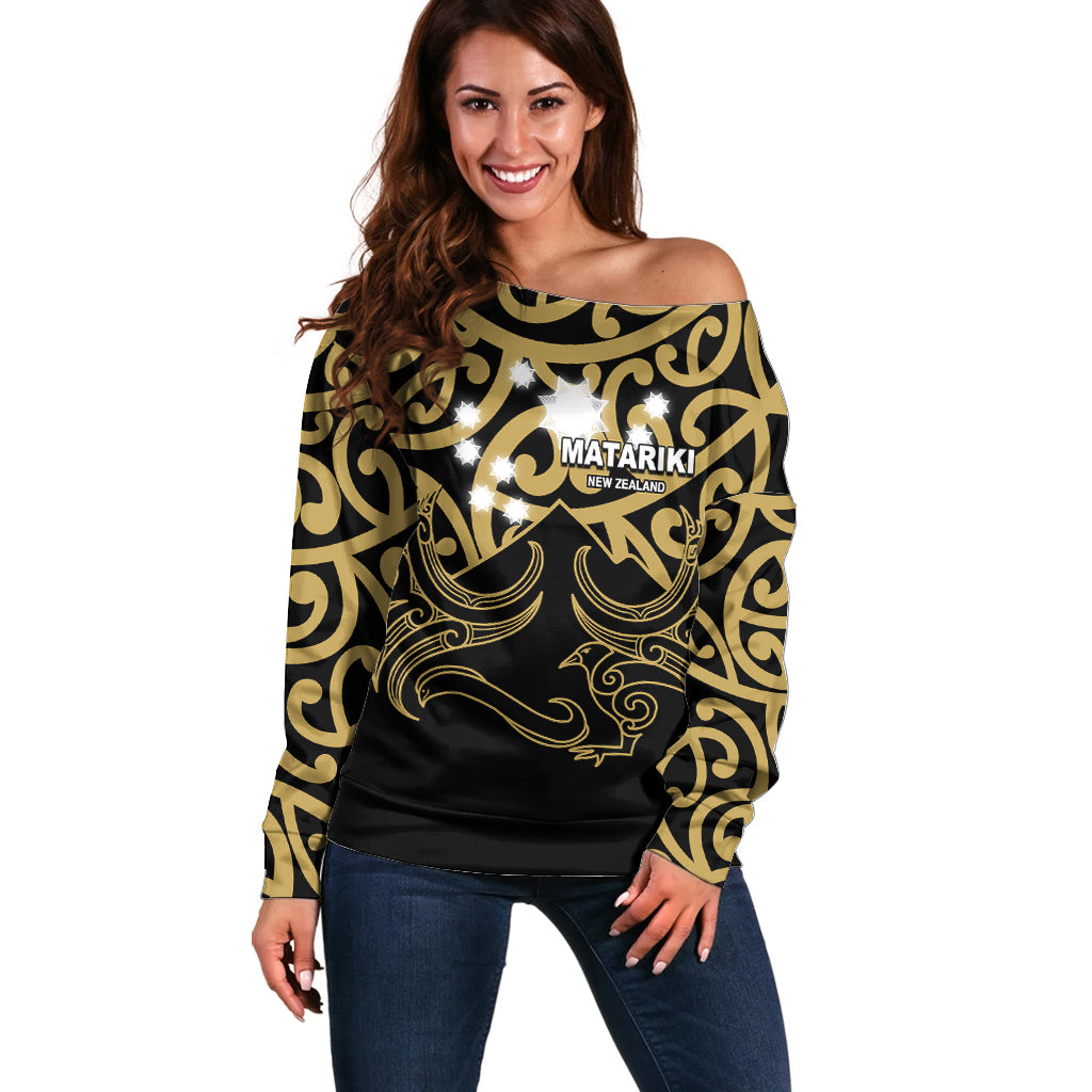 Matariki New Zealand Off Shoulder Sweater Maori New Year Gold LT6 Women Gold - Polynesian Pride