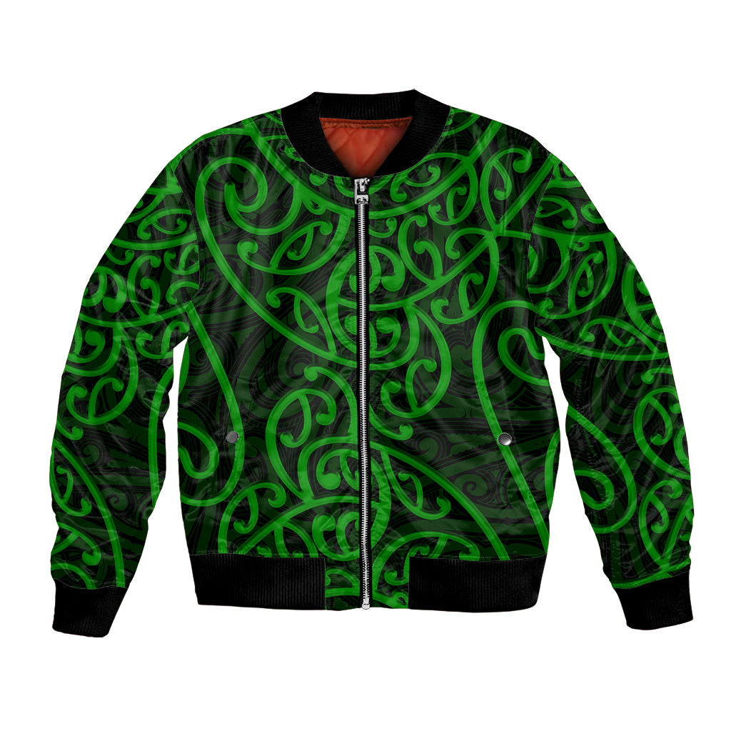 New Zealand Bomber Jacket Maori Pattern Green LT6 Unisex Green - Polynesian Pride