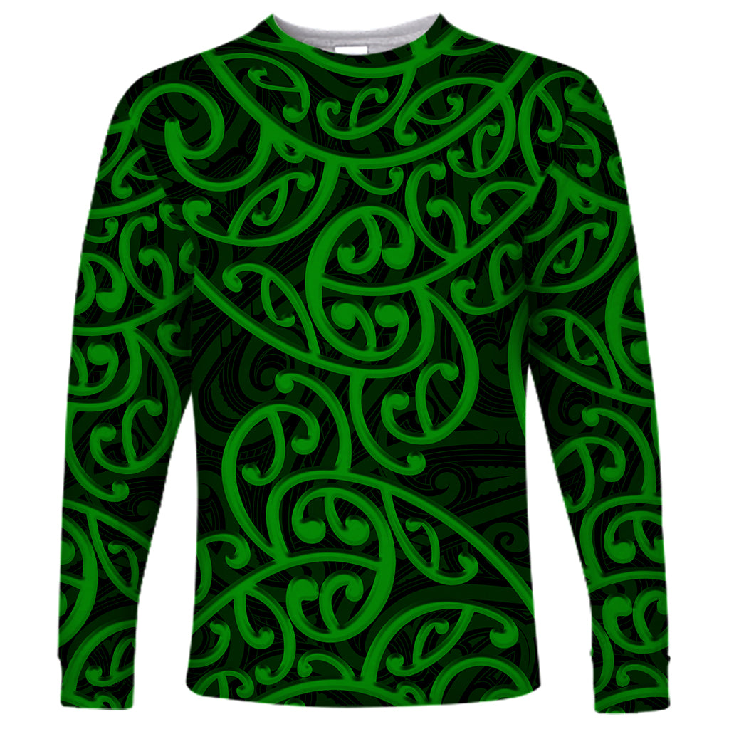 New Zealand Long Sleeve Shirt Maori Pattern Green LT6 Unisex Green - Polynesian Pride