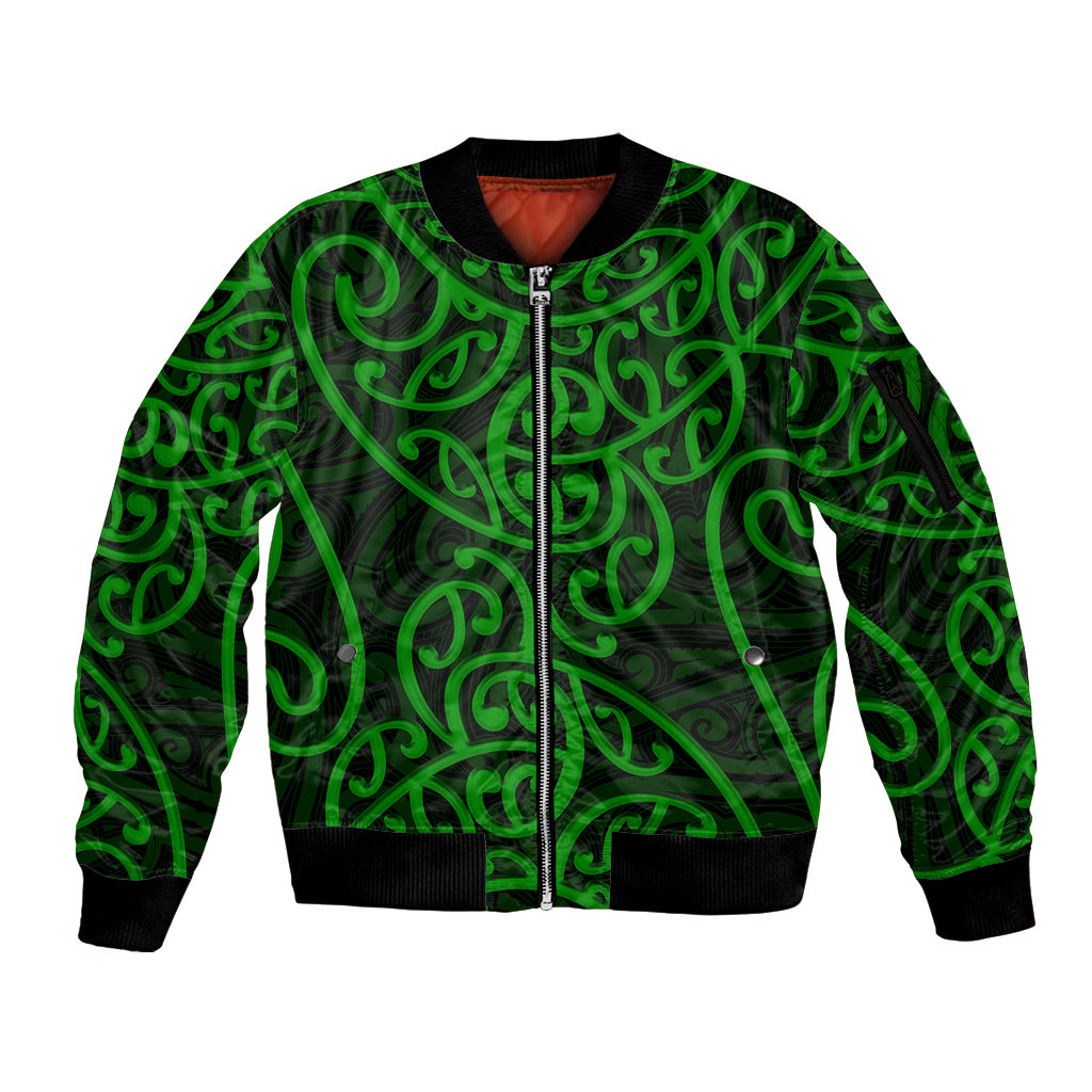 New Zealand Sleeve Zip Bomber Jacket Maori Pattern Green LT6 Unisex Green - Polynesian Pride