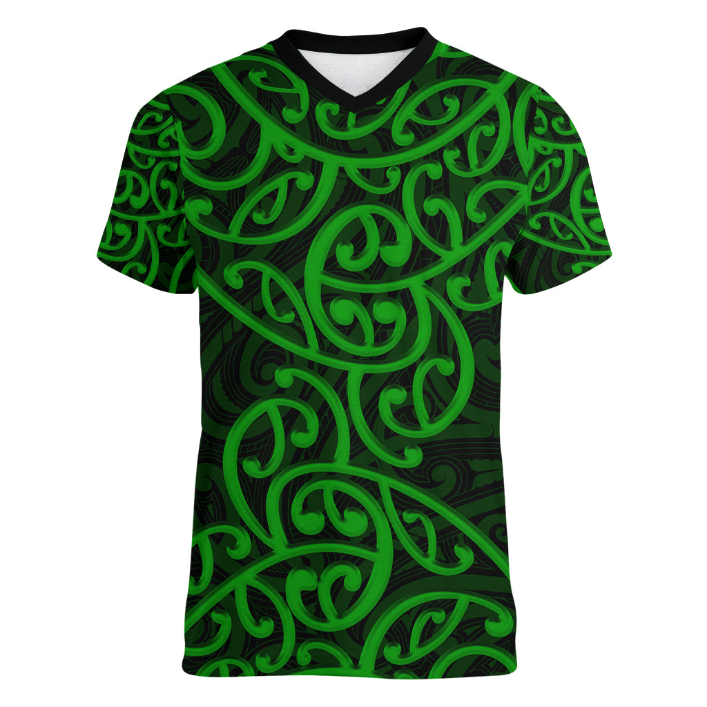 New Zealand Women V Neck T Shirt Maori Pattern Green LT6 Female Green - Polynesian Pride