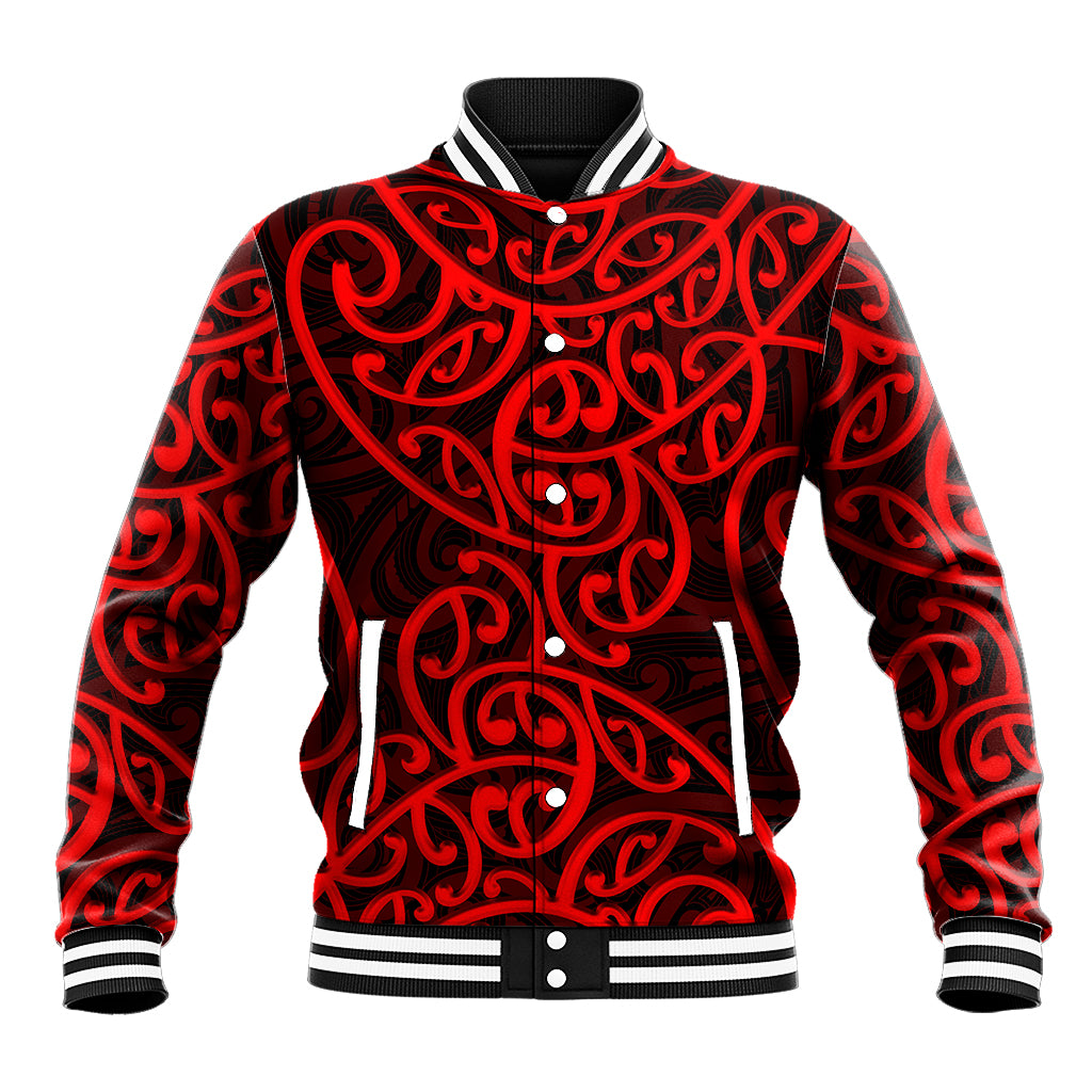 New Zealand Baseball Jacket Maori Pattern Red LT6 Unisex Red - Polynesian Pride