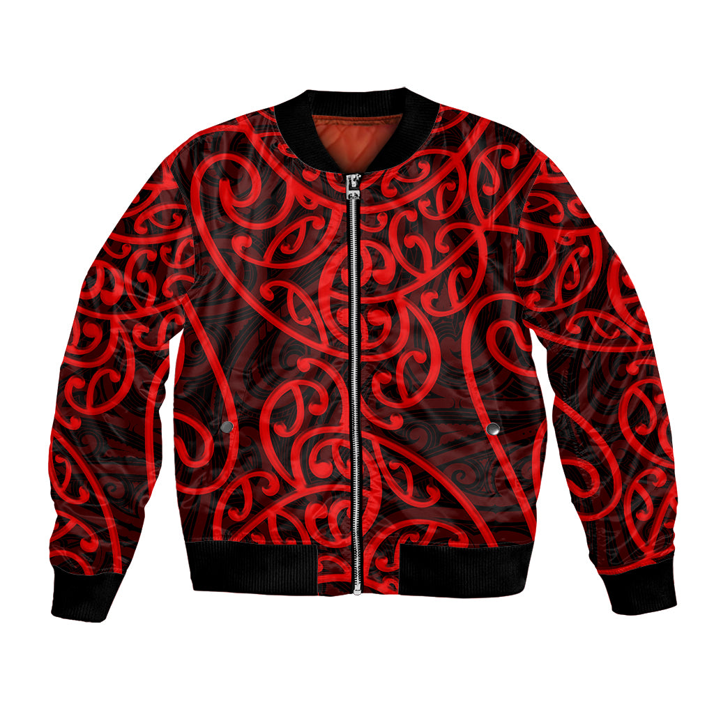 New Zealand Bomber Jacket Maori Pattern Red LT6 Unisex Red - Polynesian Pride