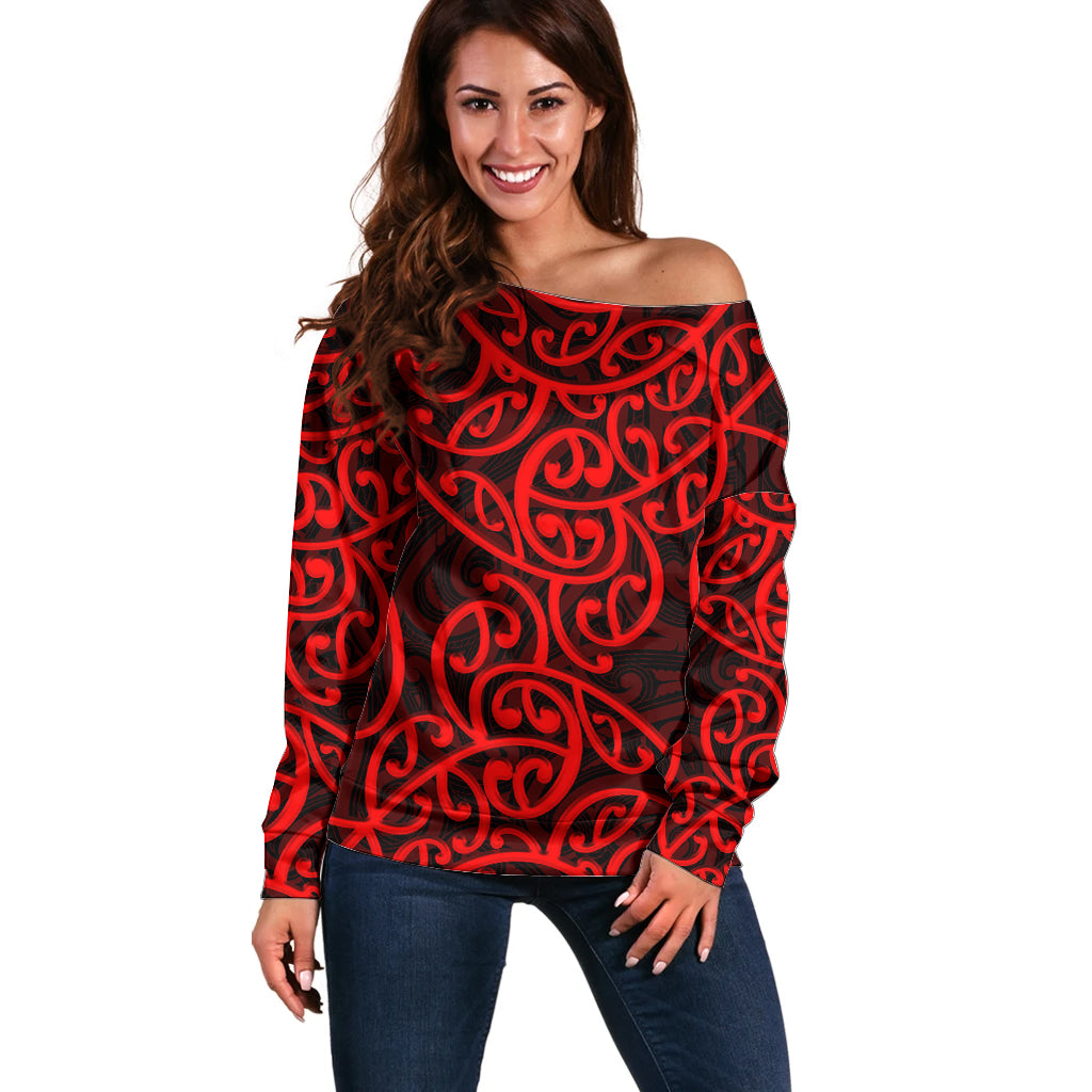 New Zealand Off Shoulder Sweater Maori Pattern Red LT6 Women Red - Polynesian Pride