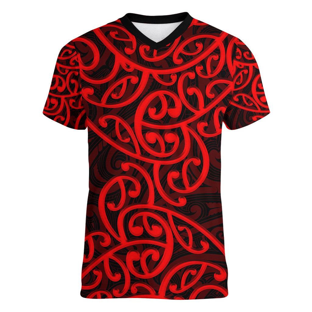 New Zealand Women V Neck T Shirt Maori Pattern Red LT6 Female Red - Polynesian Pride