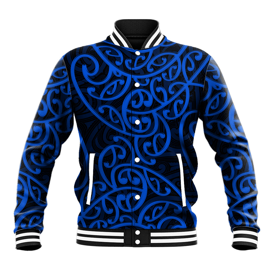 New Zealand Baseball Jacket Maori Pattern Blue LT6 Unisex Blue - Polynesian Pride