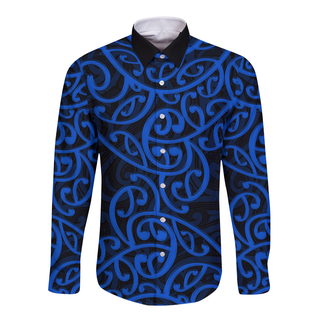 New Zealand Long Sleeve Button Shirt Maori Pattern Blue LT6 Unisex Blue - Polynesian Pride