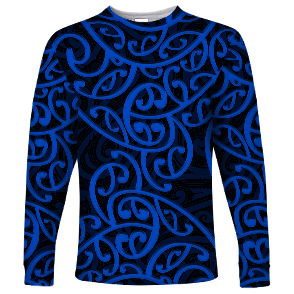 New Zealand Long Sleeve Shirt Maori Pattern Blue LT6 Unisex Blue - Polynesian Pride