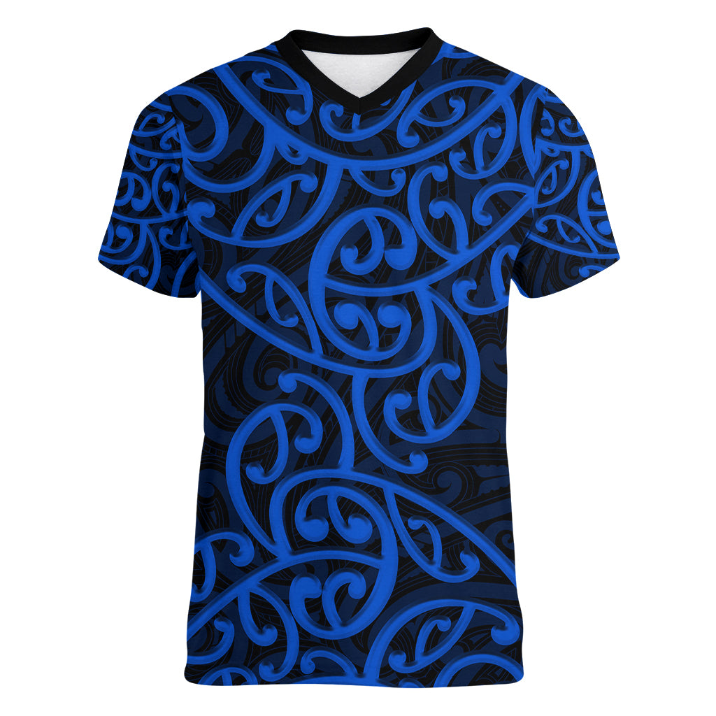 New Zealand Women V Neck T Shirt Maori Pattern Blue LT6 Female Blue - Polynesian Pride