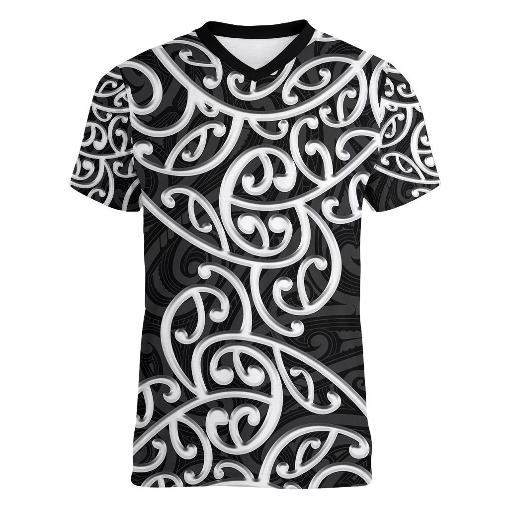 New Zealand Women V Neck T Shirt Maori Pattern White LT6 Female White - Polynesian Pride