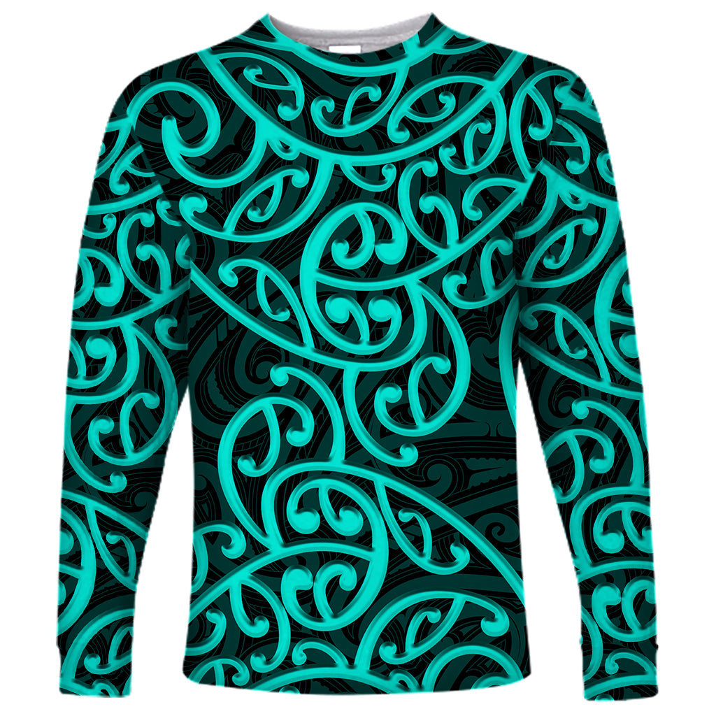 New Zealand Long Sleeve Shirt Maori Pattern Turquoise LT6 Unisex Green - Polynesian Pride