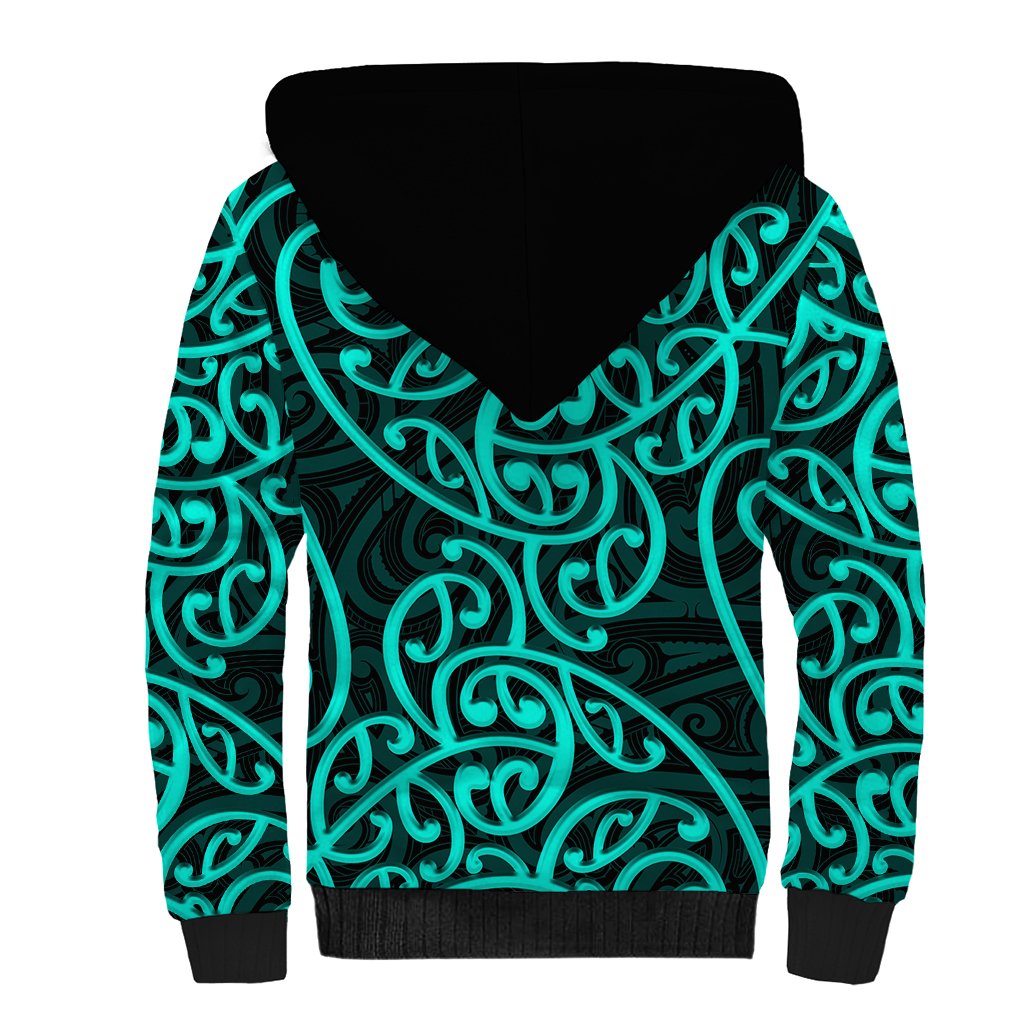 New Zealand Sherpa Hoodie Maori Pattern Turquoise LT6 - Polynesian Pride