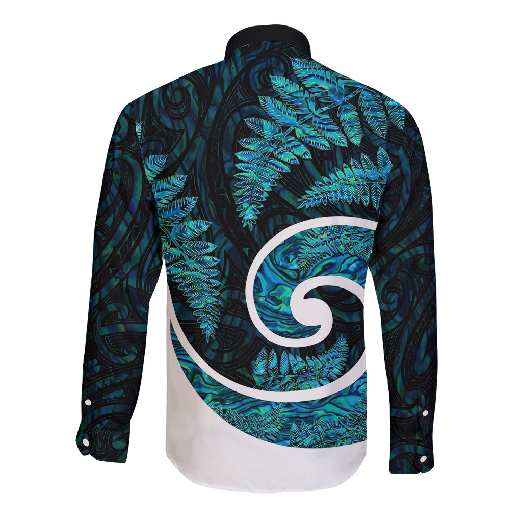 New Zealand Long Sleeve Button Shirt Maori With Silver Fern Papua Shell Green Ver.1 LT6 - Polynesian Pride