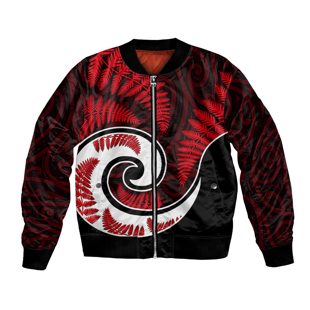 New Zealand Bomber Jacket Maori With Silver Fern Red LT6 Unisex Red - Polynesian Pride