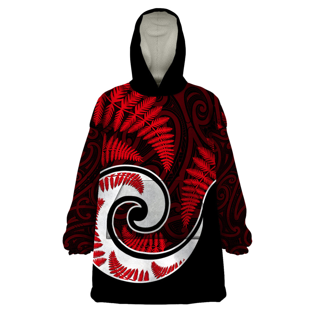 New Zealand Wearable Blanket Hoodie Maori With Silver Fern Red LT6 One Size Red - Polynesian Pride