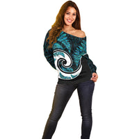 New Zealand Off Shoulder Sweater Maori With Silver Fern Papua Shell Green Ver.2 LT6 - Polynesian Pride