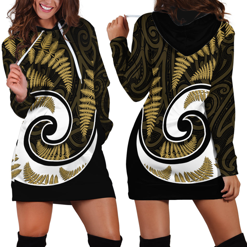 New Zealand Hoodie Dress Maori With Silver Fern Gold LT6 - Polynesian Pride