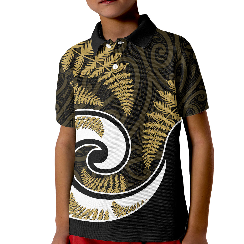 New Zealand Kid Polo Shirt Maori With Silver Fern Gold LT6 Kid Gold - Polynesian Pride