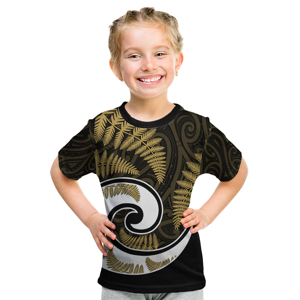 New Zealand Kid T Shirt Maori With Silver Fern Gold LT6 Gold - Polynesian Pride