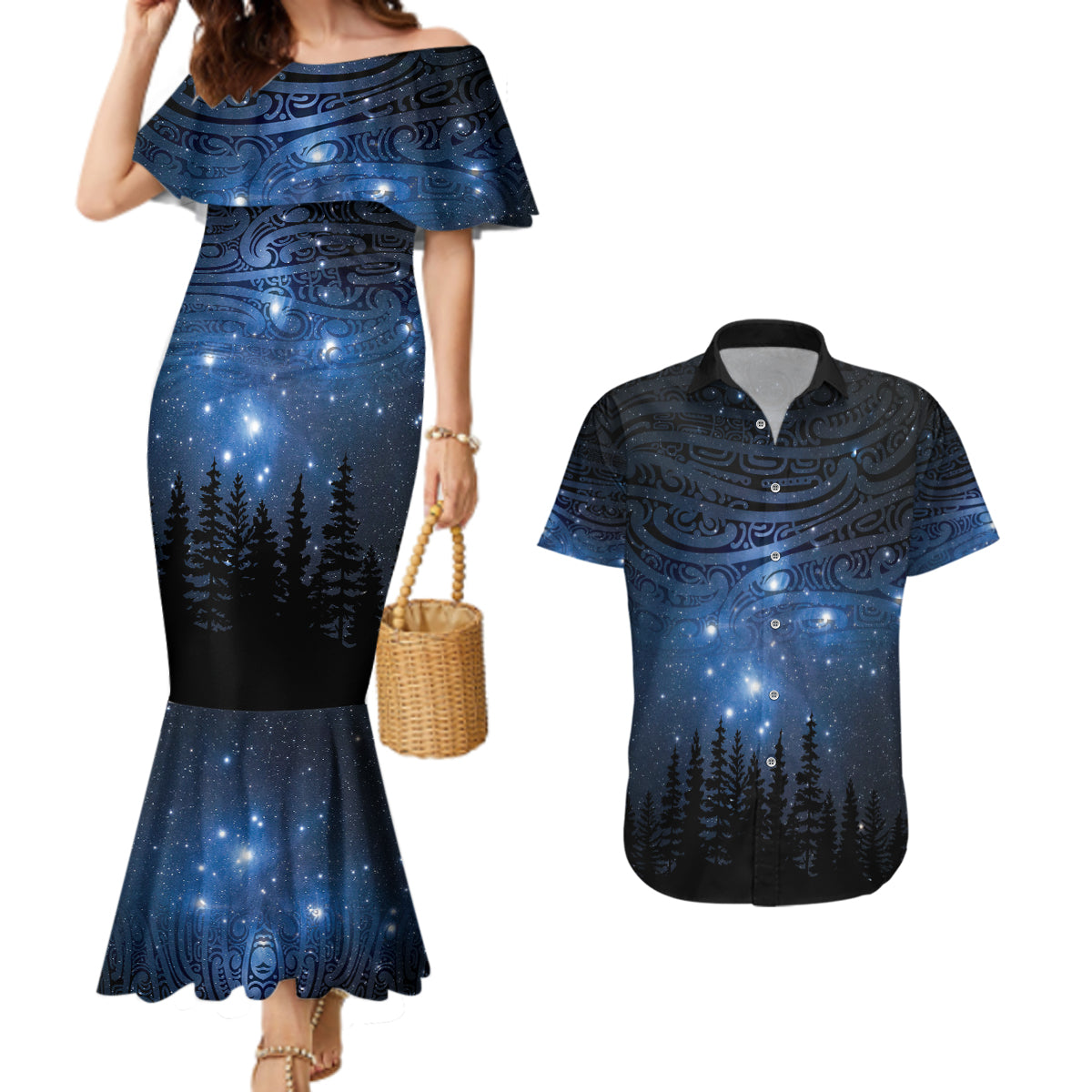 Matariki Te Tau Hou Māori Couples Matching Mermaid Dress and Hawaiian Shirt New Zealand Starry Sky