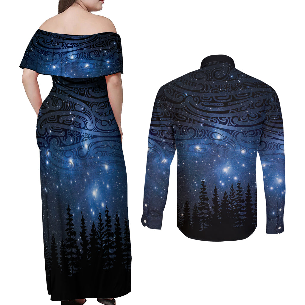Matariki Te Tau Hou Māori Couples Matching Off Shoulder Maxi Dress and Long Sleeve Button Shirt New Zealand Starry Sky