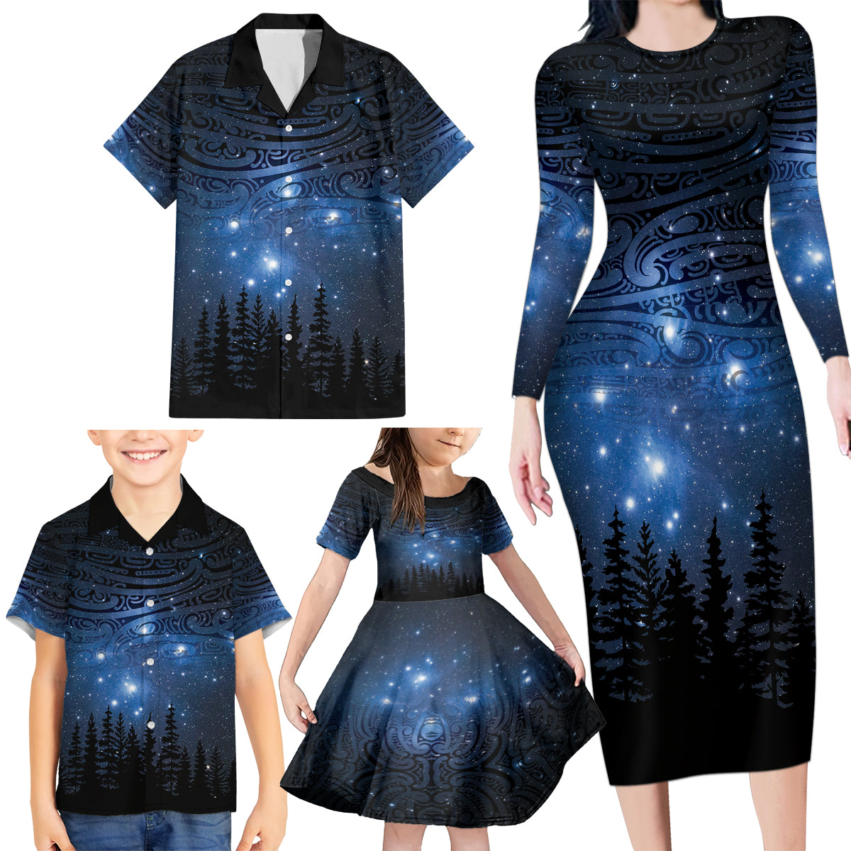 Matariki Te Tau Hou Māori Family Matching Long Sleeve Bodycon Dress and Hawaiian Shirt New Zealand Starry Sky