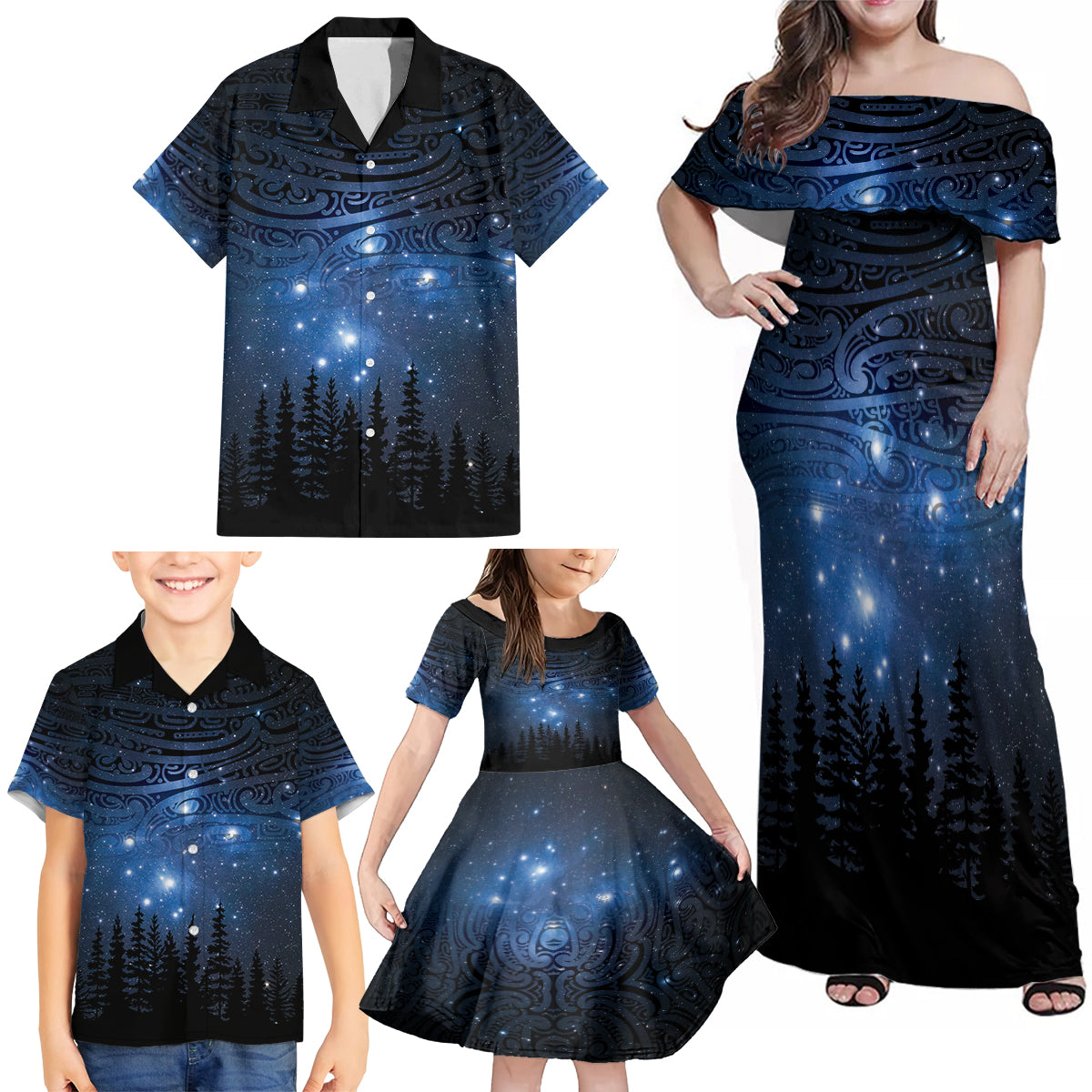 Matariki Te Tau Hou Māori Family Matching Off Shoulder Maxi Dress and Hawaiian Shirt New Zealand Starry Sky