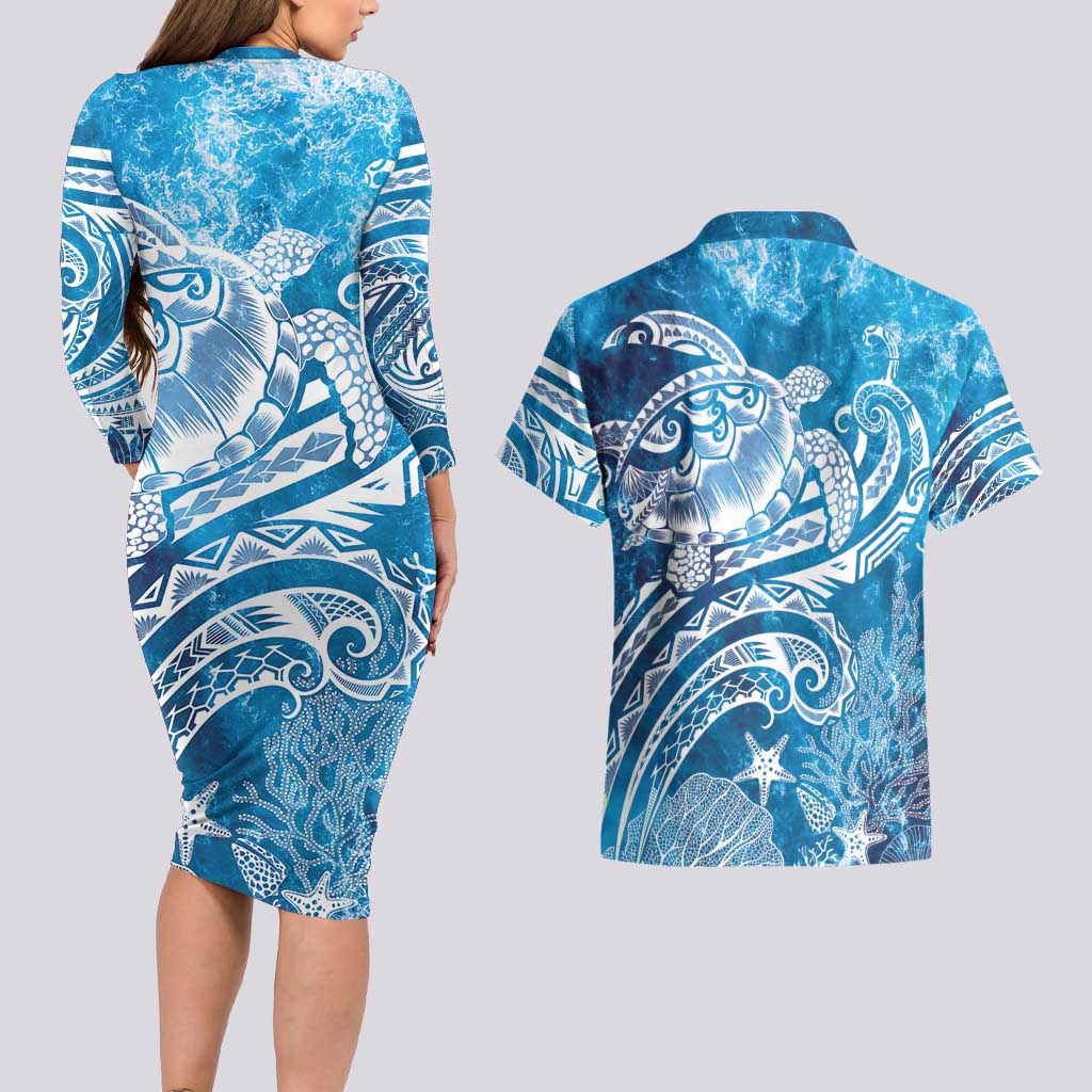 World Ocean Day Polynesian Pattern Couples Matching Long Sleeve Bodycon Dress and Hawaiian Shirt Crystal Waves LT7 - Polynesian Pride