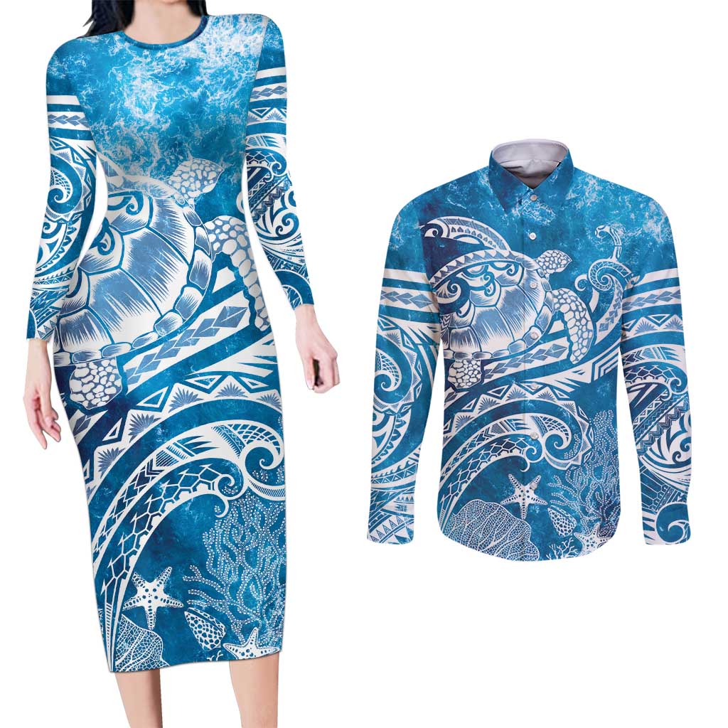 World Ocean Day Polynesian Pattern Couples Matching Long Sleeve Bodycon Dress and Long Sleeve Button Shirt Crystal Waves LT7 Blue - Polynesian Pride
