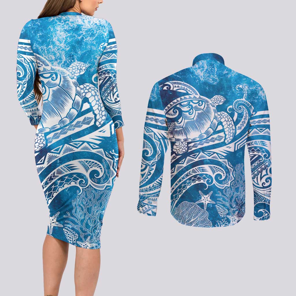 World Ocean Day Polynesian Pattern Couples Matching Long Sleeve Bodycon Dress and Long Sleeve Button Shirt Crystal Waves LT7 - Polynesian Pride