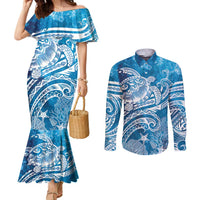 World Ocean Day Polynesian Pattern Couples Matching Mermaid Dress and Long Sleeve Button Shirt Crystal Waves LT7 Blue - Polynesian Pride