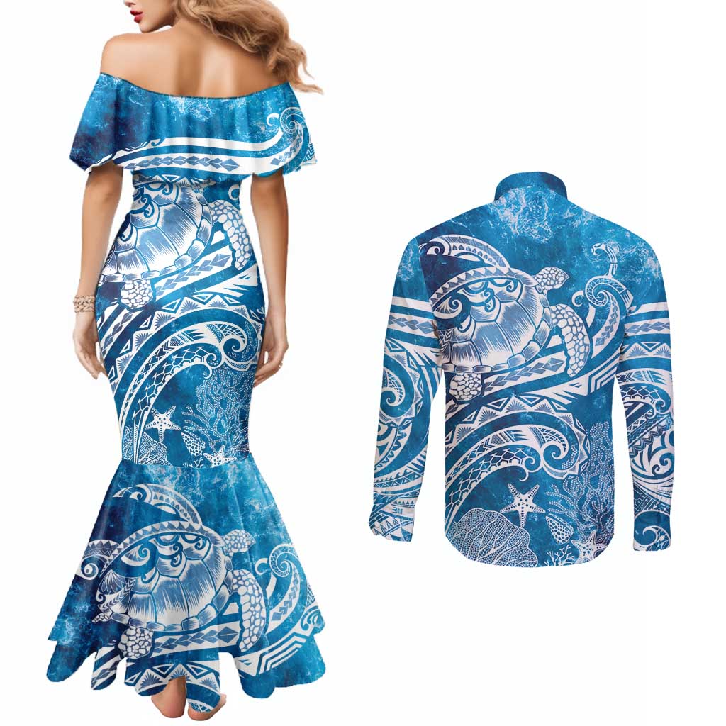 World Ocean Day Polynesian Pattern Couples Matching Mermaid Dress and Long Sleeve Button Shirt Crystal Waves LT7 - Polynesian Pride