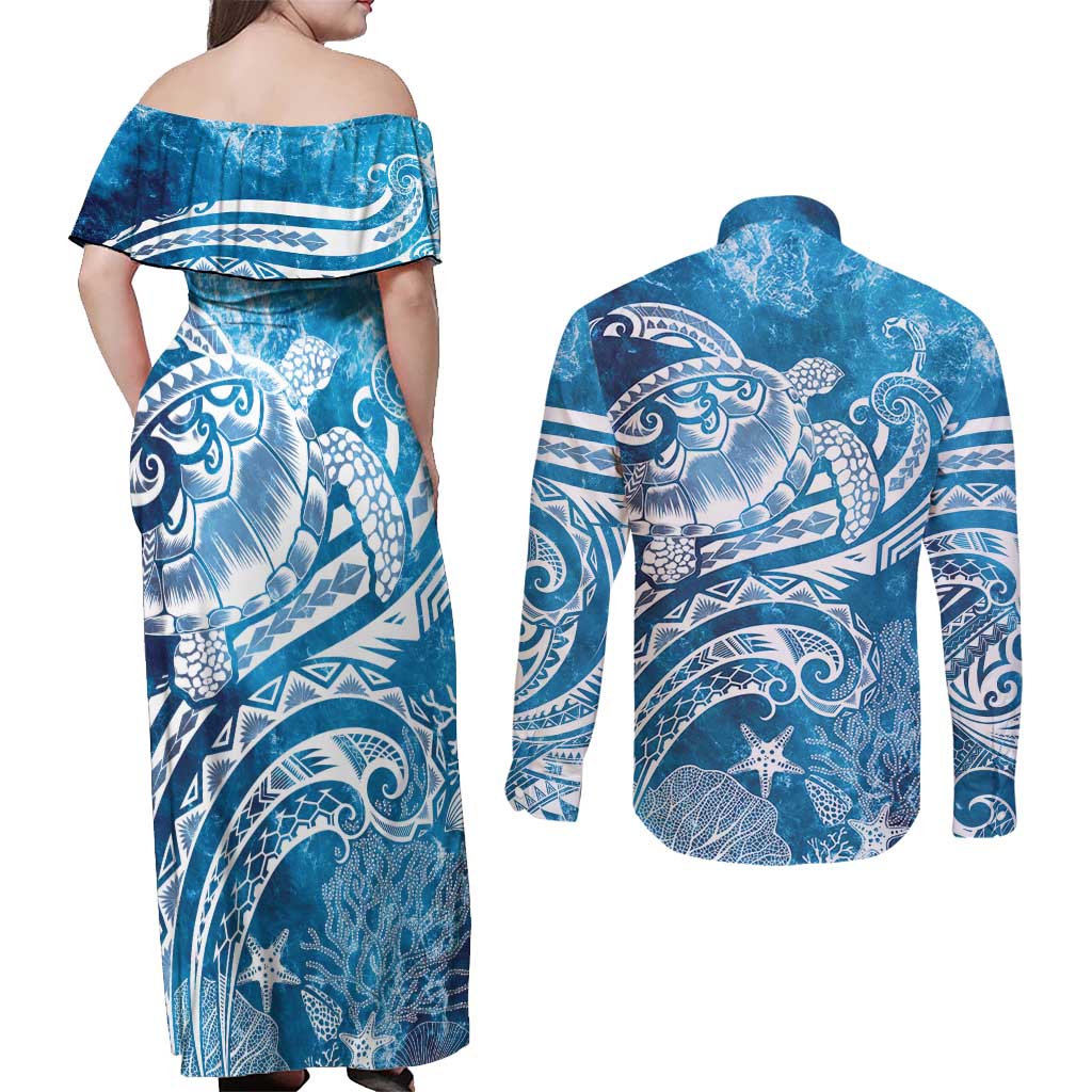 World Ocean Day Polynesian Pattern Couples Matching Off Shoulder Maxi Dress and Long Sleeve Button Shirt Crystal Waves LT7 - Polynesian Pride