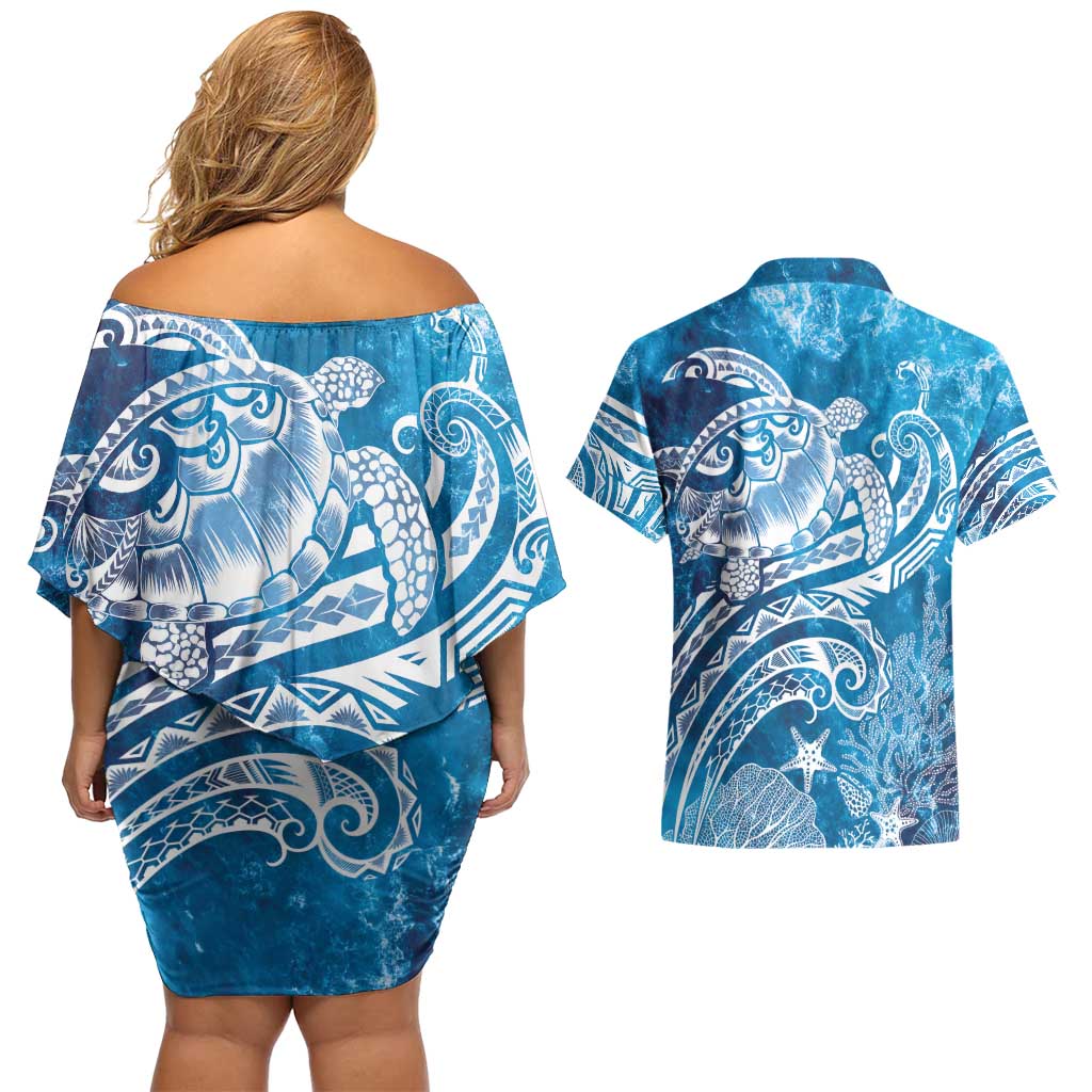 World Ocean Day Polynesian Pattern Couples Matching Off Shoulder Short Dress and Hawaiian Shirt Crystal Waves LT7 - Polynesian Pride