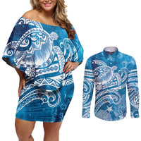 World Ocean Day Polynesian Pattern Couples Matching Off Shoulder Short Dress and Long Sleeve Button Shirt Crystal Waves LT7 Blue - Polynesian Pride