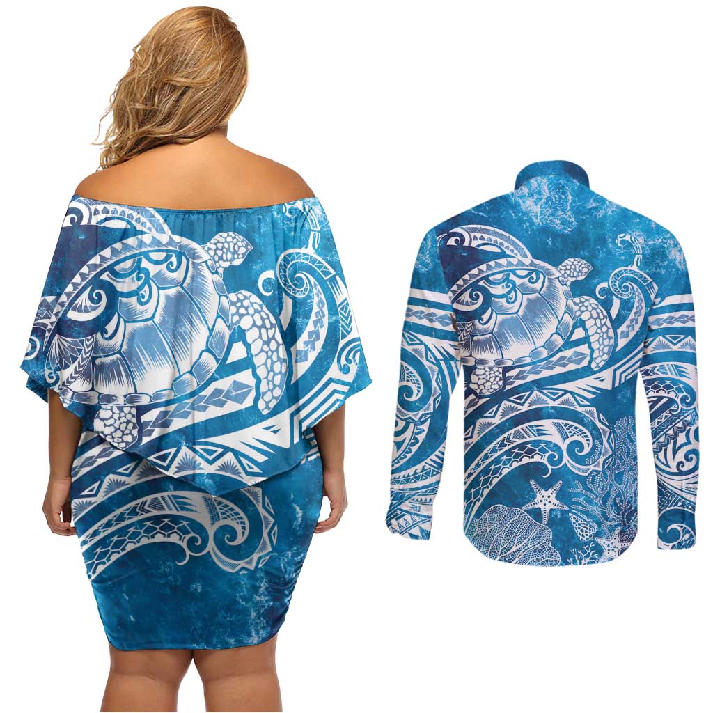 World Ocean Day Polynesian Pattern Couples Matching Off Shoulder Short Dress and Long Sleeve Button Shirt Crystal Waves LT7 - Polynesian Pride