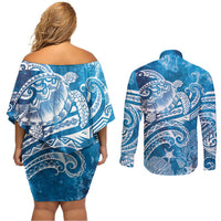 World Ocean Day Polynesian Pattern Couples Matching Off Shoulder Short Dress and Long Sleeve Button Shirt Crystal Waves LT7 - Polynesian Pride