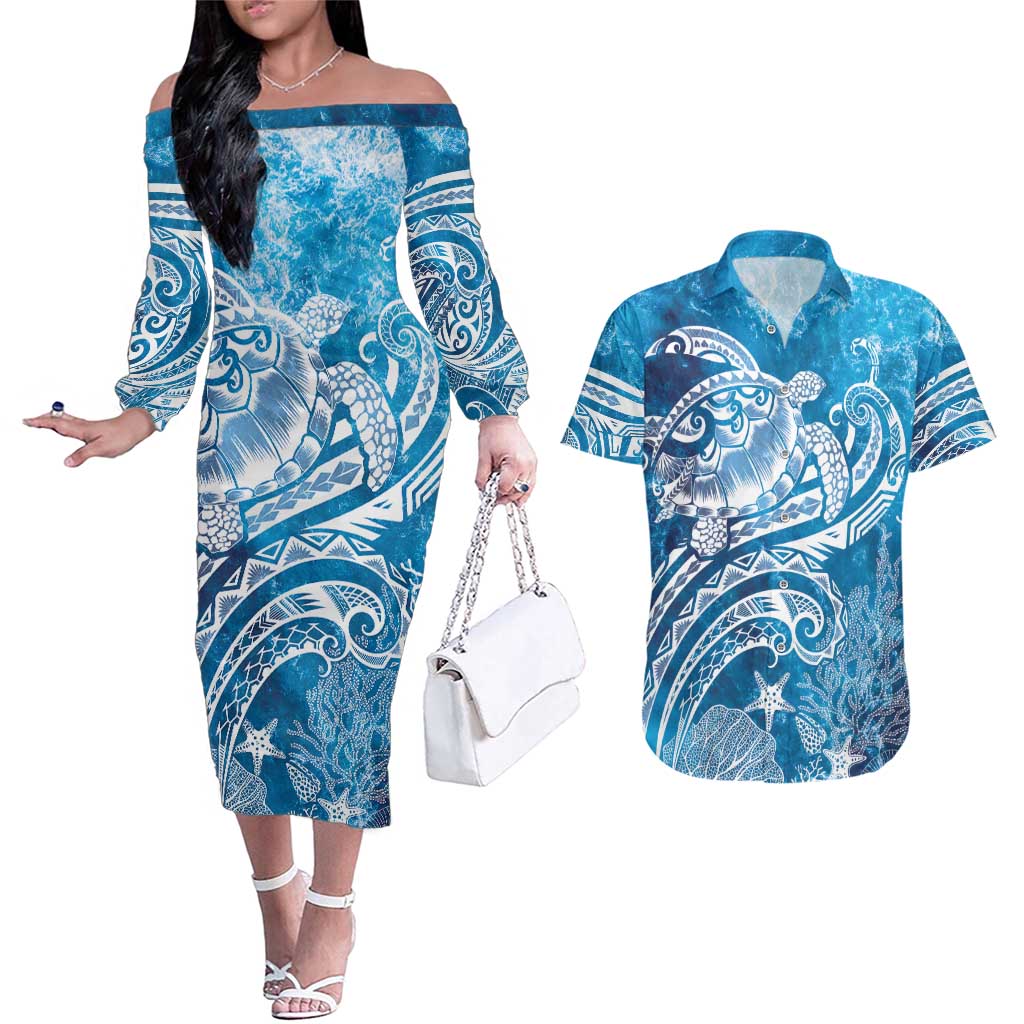 World Ocean Day Polynesian Pattern Couples Matching Off The Shoulder Long Sleeve Dress and Hawaiian Shirt Crystal Waves LT7 Blue - Polynesian Pride