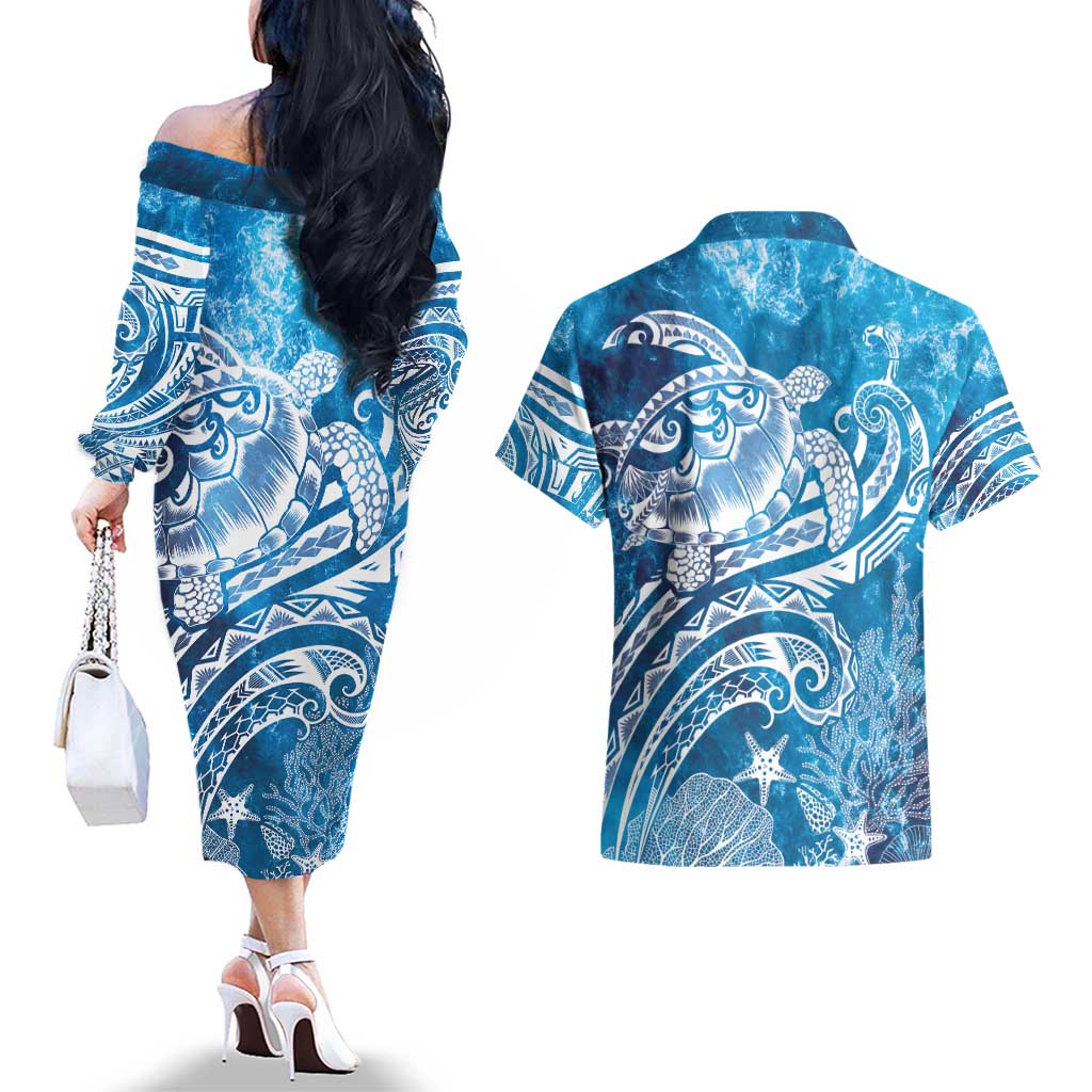 World Ocean Day Polynesian Pattern Couples Matching Off The Shoulder Long Sleeve Dress and Hawaiian Shirt Crystal Waves LT7 - Polynesian Pride